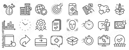 Set of Technology icons, such as Search employee, Timer, Globe icons. Targeting, Open box, Seo phone signs. Download photo, Heart, Rating stars. Loan house, Share, Medical chat. Tablet pc. Vector