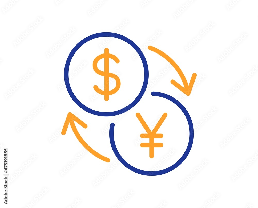 Currency exchange line icon. Dollar to Yen money sign. Convert currency symbol. Colorful thin line outline concept. Linear style currency exchange icon. Editable stroke. Vector Currency exchange line icon. Dollar to Yen money sign. Convert currency symbol. Colorful thin line outline concept. Linear style currency exchange icon. Editable stroke. Vector