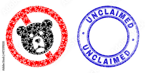 Puzzle stop bear mosaic icon with Unclaimed stamp. Blue vector rounded distress stamp with Unclaimed title. Abstract mosaic of stop bear icon constructed of puzzle pieces.