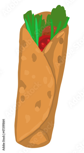 Burrito pita bread filled with meat and vegetables. Mexican fast food single doodle. Hand drawn vector illustration in flat style. Cartoon clipart isolated on white background.