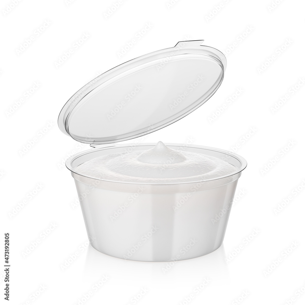 Open creamy sauce in dip container isolated on white. 3D rendering, Open creamy sauce in dip container isolated on white. 3D rendering,