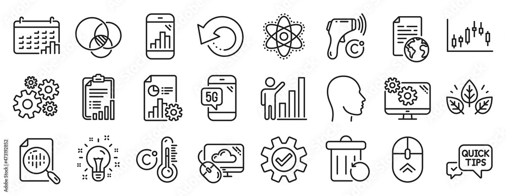 Fototapeta premium Set of Science icons, such as Graph chart, Checklist, Idea icons. Cloud computing, Report, Recovery trash signs. Euler diagram, Quick tips, Graph phone. Settings, Celsius thermometer, Head. Vector