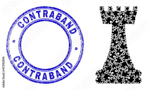 Puzzle chess queen mosaic pictogram with Contraband seal stamp. Blue vector round textured seal with Contraband title. Abstract mosaic of chess queen icon organized of puzzle items.