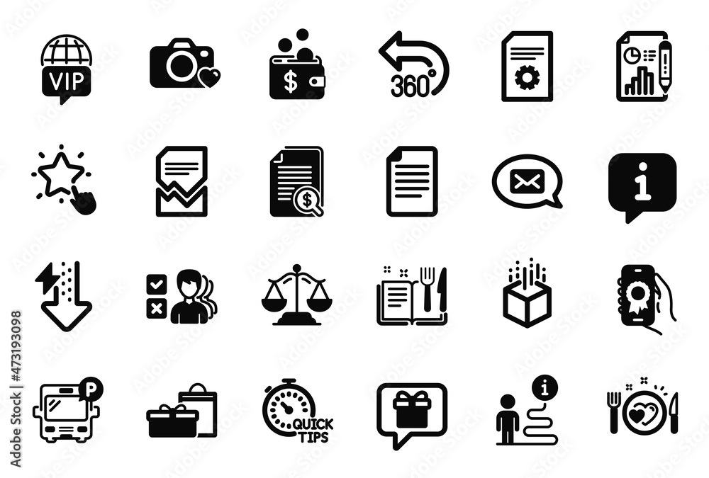 Vector Set of Business icons related to Opinion, File settings and Photo camera icons. Award app, Romantic dinner and Justice scales signs. Recipe book, Financial documents and Gifts. File. Vector