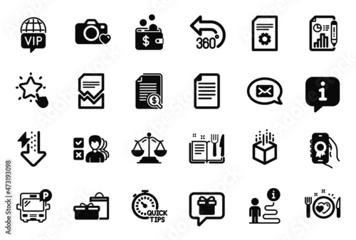Vector Set of Business icons related to Opinion, File settings and Photo camera icons. Award app, Romantic dinner and Justice scales signs. Recipe book, Financial documents and Gifts. File. Vector