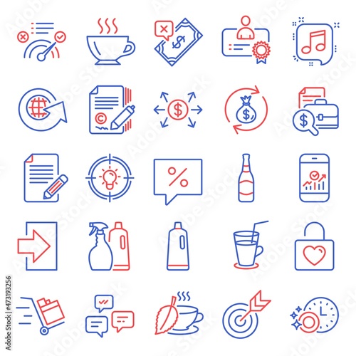 Line icons set. Included icon as Correct answer, Certificate, Chat messages signs. Copywriting, Dishwasher timer, Wedding locker symbols. Rejected payment, Musical note, Dollar exchange. Vector