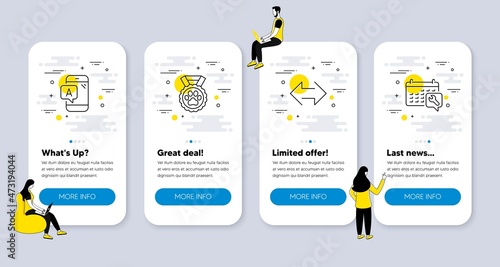 Vector Set of Business icons related to Sync, Ab testing and Dog competition icons. UI phone app screens with people. Spanner line symbols. Synchronize, Phone test, Winner medal. Vector