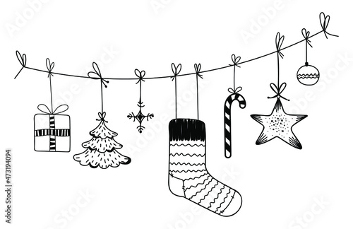 A set of linear Christmas decorations on a string, a banner of Christmas toys, Christmas balls, snowflakes and a Christmas tree, a vector illustration in the doodle style.