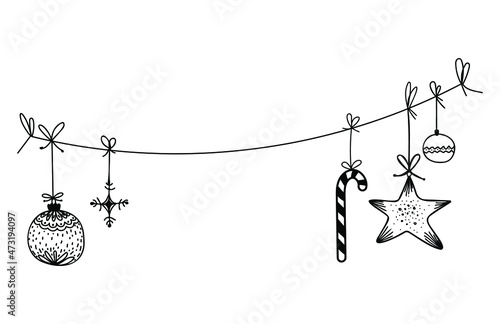 A set of linear Christmas decorations on a string, a banner of Christmas toys, Christmas balls, snowflakes and a Christmas tree, a vector illustration in the doodle style.
