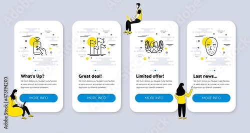 Vector Set of Business icons related to Phone payment, Flags and Laureate award icons. UI phone app screens with people. Face biometrics line symbols. Mobile pay, Success, Prize. Vector