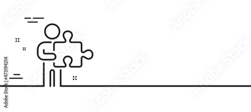 Man with Puzzle line icon. Jigsaw piece sign. Business challenge symbol. Minimal line illustration background. Puzzle line icon pattern banner. White web template concept. Vector