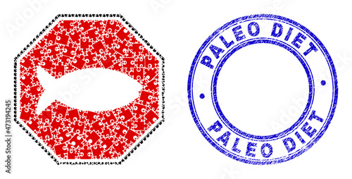 Puzzle fish danger octagon mosaic icon with Paleo Diet stamp. Blue vector rounded grunge seal stamp with Paleo Diet caption. Abstract composition of fish danger octagon icon created of puzzle icons.