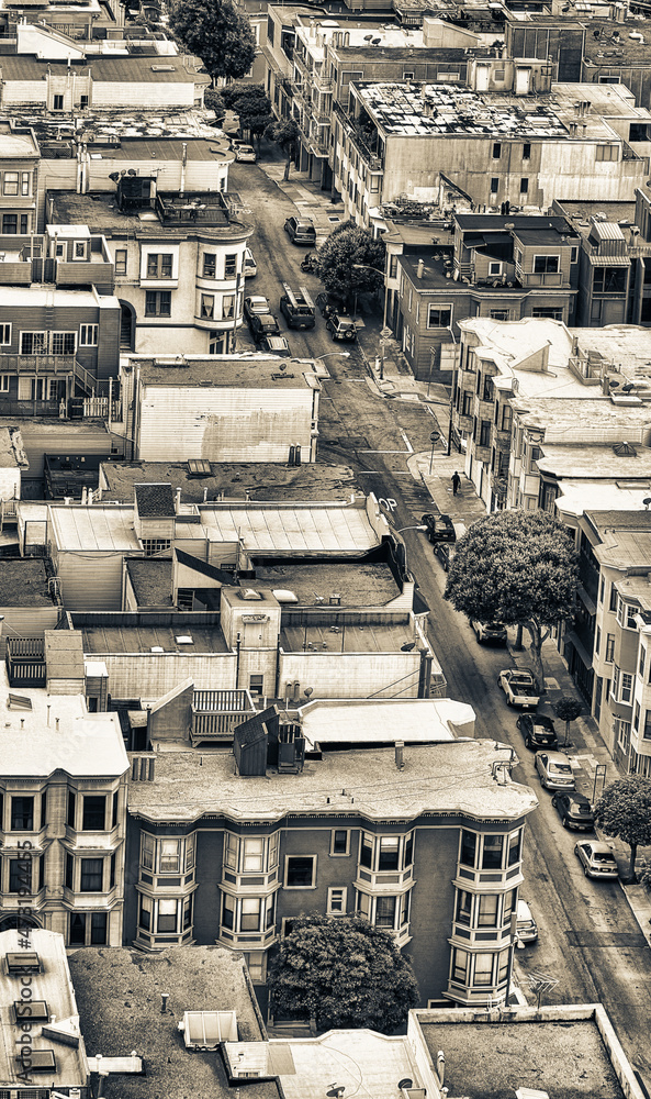 Aerial view of San Francisco steep street and skyline