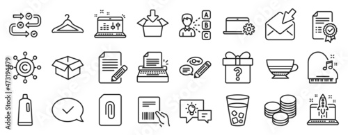 Set of line icons, such as Opened box, Ice tea, Idea lamp icons. Shampoo, Mocha, Copywriting network signs. Start business, Typewriter, Attachment. Keywords, Certificate, Get box. Tips. Vector