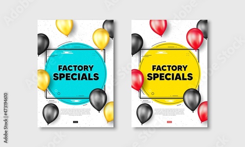 Factory specials text. Flyer posters with realistic balloons cover. Sale offer price sign. Advertising discounts symbol. Factory specials text frame white posters. Balloons cover. Vector