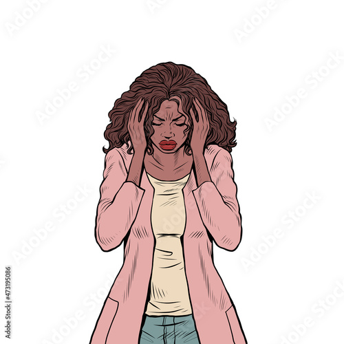 african woman is suffering headache, medical symptom migraine cancer hypertension meningitis stroke or other diseases