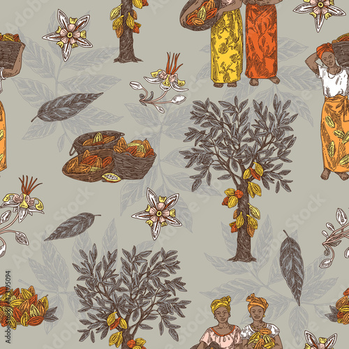 Vintage african seamless pattern. Cocoa farm. Women cocoa fruit pickers, baskets and trees on grey background. Engraving style. Vector illustration.