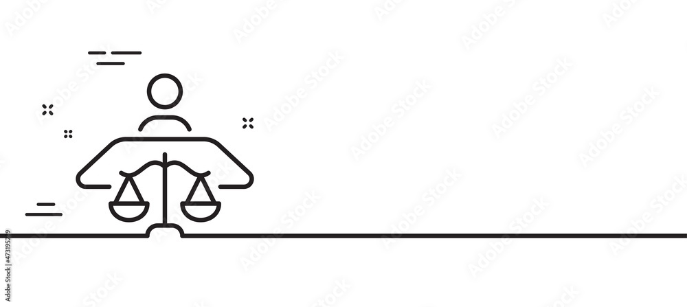 Court judge line icon. Justice scale sign. Judgement law symbol. Minimal line illustration background. Court judge line icon pattern banner. White web template concept. Vector Court judge line icon. Justice scale sign. Judgement law symbol. Minimal line illustration background. Court judge line icon pattern banner. White web template concept. Vector