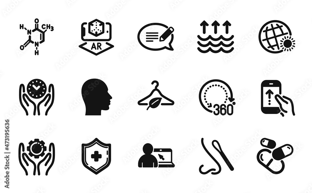 Fototapeta premium Vector set of 360 degrees, Slow fashion and Online education icons simple set. Employee hand, Swipe up and Head icons. Evaporation, Augmented reality and Nasal test signs. Vector