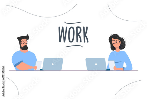 Businessman and businesswoman for the common desktop work computer. Vector illustration in modern style