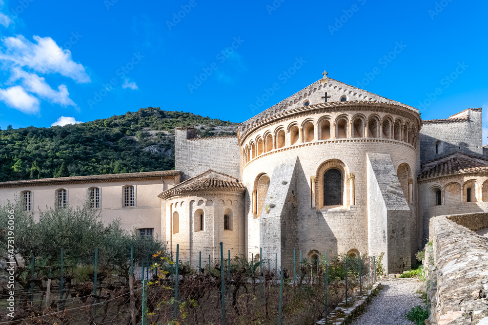 Saint-Guilhem-le-Desert in France, view of the medieval abbey
