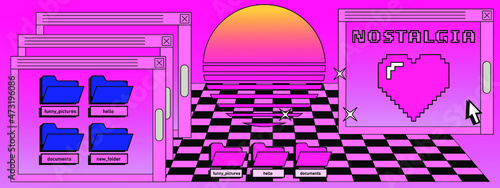 Retrowave style operating system with message boxes and folders. Vaporwave style vector illustration.
