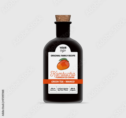 Mango Kombucha label template Tea Bottle Packaging Isolated