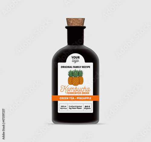 Pineapple Kombucha label template Tea Bottle Packaging Isolated