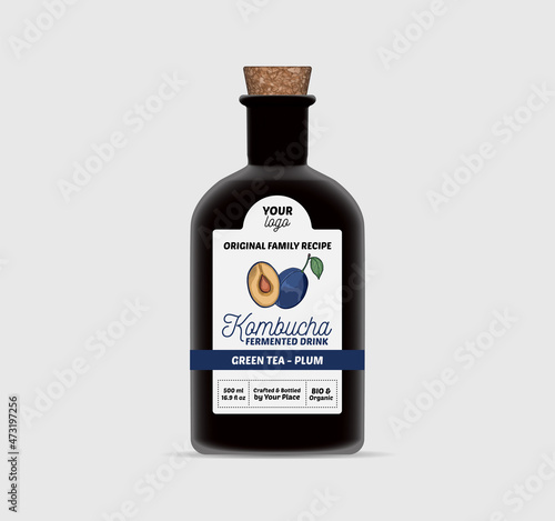 Plum Kombucha label template Tea Bottle Packaging Isolated
