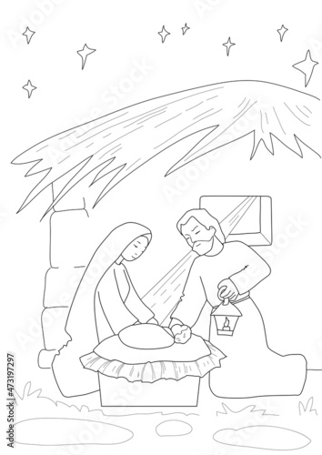 A Christmas nativity scene coloring cartoon, with baby Jesus, Mary and Joseph in the manger and star above. Christian religious Coloring Pages.