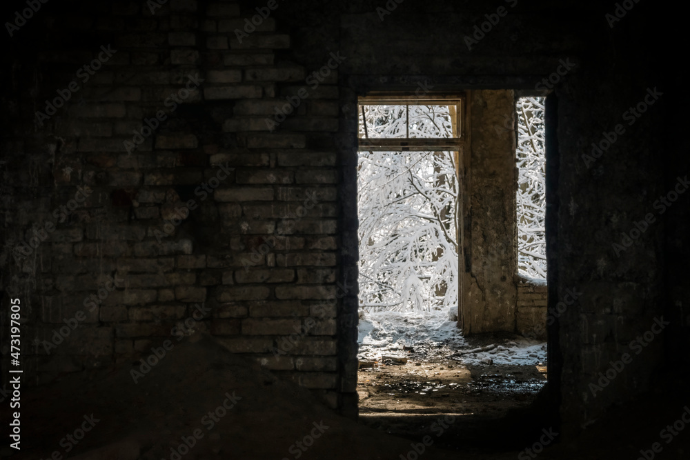 Fototapeta premium Old and abandoned, forsaken Brestovac hospital, deep in the snow covered forest of Medvednica mountain above Zagreb city, Croatia