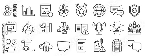Set of Education icons  such as Chat message  Growth chart  Architectural plan icons. Globe  Ranking star  Online question signs. Internet report  Startup  Business podium. Trophy  Opinion. Vector