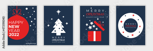 Merry Christmas and Happy New Year Set of backgrounds and holiday covers, greeting cards, posters. Xmas minimal banner design with Chrismas toys and tree, gifts, star and snowflakes.