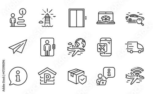 Transportation icons set. Included icon as Truck delivery, Search car, Lighthouse signs. Parking, Flight mode, Lift symbols. Elevator, Paper plane, International flight. Parcel insurance. Vector