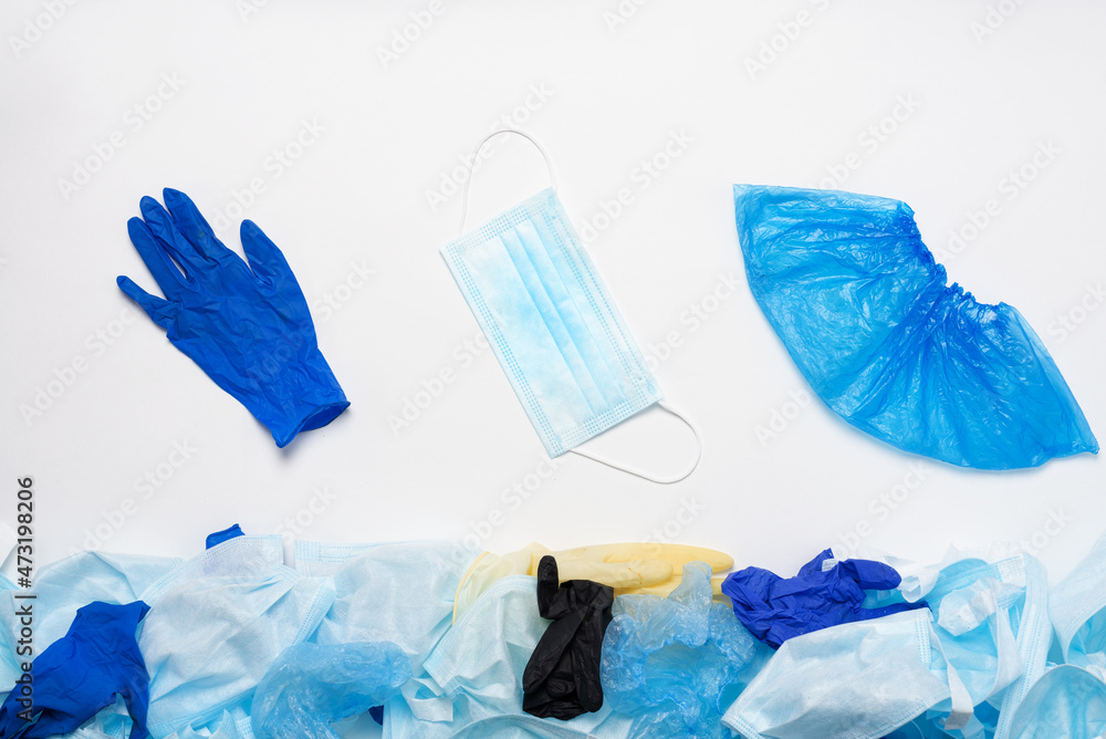 Waste of used personal protective equipment PPE, gloves, disposable