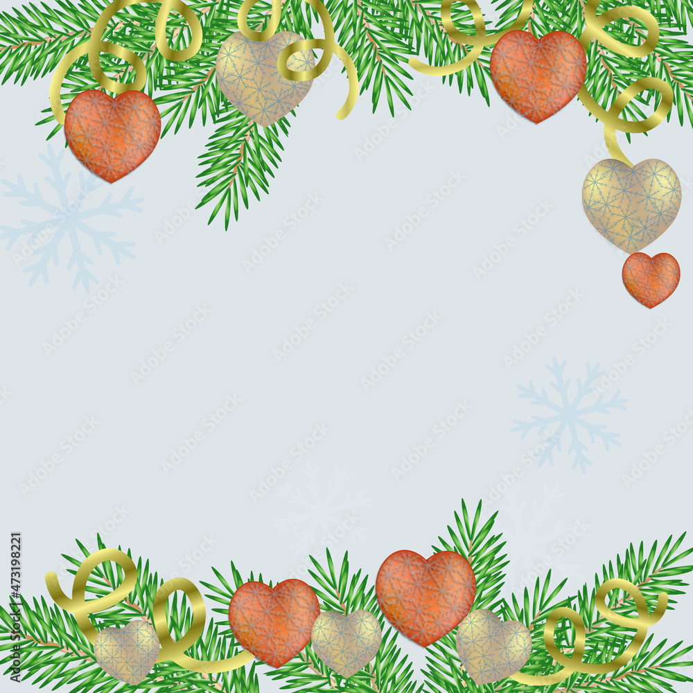 Christmas background with Christmas tree branches, ribbons and decorations. Illustration for card, invitation or voucher