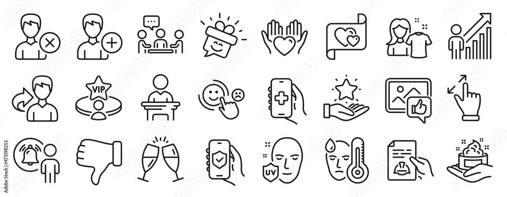 Set of People icons, such as Champagne glasses, Hold heart, Love letter icons. Share, People chatting, Smile signs. Remove account, Like photo, Add person. Touchscreen gesture, Clean shirt. Vector Set of People icons, such as Champagne glasses, Hold heart, Love letter icons. Share, People chatting, Smile signs. Remove account, Like photo, Add person. Touchscreen gesture, Clean shirt. Vector