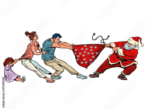 A greedy family takes a bag of gifts from Santa Claus. Christmas and New Year winter holidays