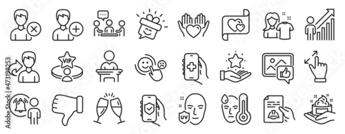 Set of People icons, such as Champagne glasses, Hold heart, Love letter icons. Share, People chatting, Smile signs. Remove account, Like photo, Add person. Touchscreen gesture, Clean shirt. Vector