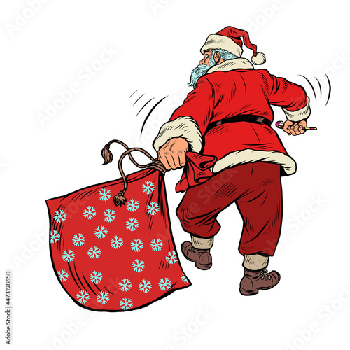 Santa Claus with an empty bag of gifts. Christmas and New Year winter holidays