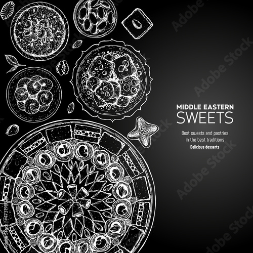 Oriental sweets vector illustration, top view. Middle eastern food, hand drawn sketch. Linear graphic. Food menu background.