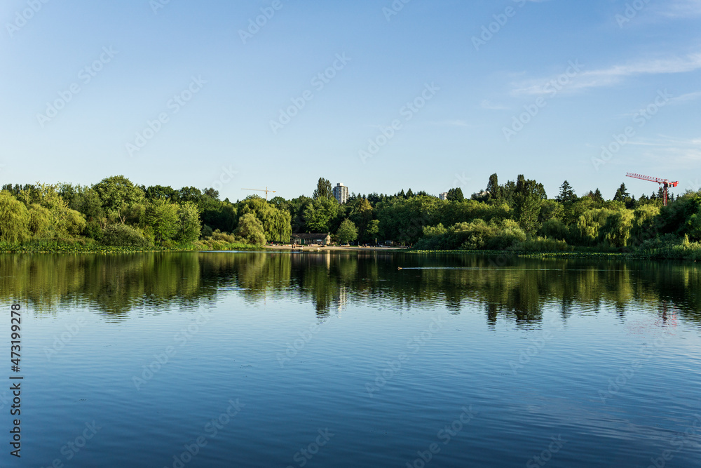 Crystal and turquoise water of the Trout Lake in Vancouver and green trees on the shore