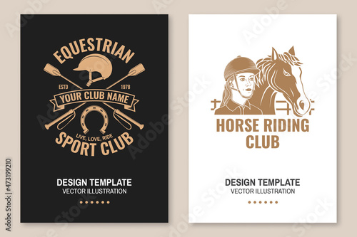 Set of Horse riding sport club flyer, brochure, banner, poster. Vector illustration. Vintage monochrome equestrian label with rider, riding crop and horse silhouettes. Horseback riding sport.
