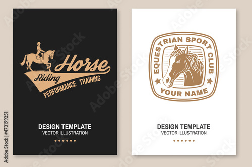 Set of Horse riding sport club flyer  brochure  banner  poster. Vector illustration. Vintage monochrome equestrian label with rider and horse silhouettes. Horseback riding sport.