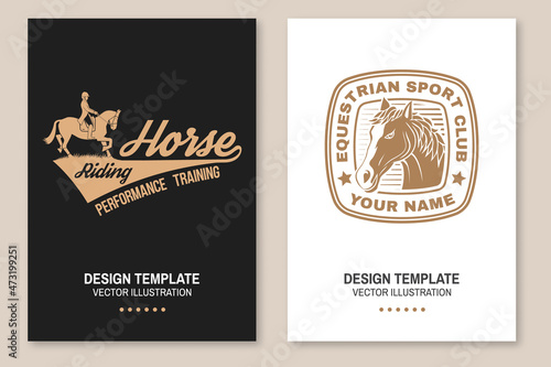 Set of Horse riding sport club flyer, brochure, banner, poster. Vector illustration. Vintage monochrome equestrian label with rider and horse silhouettes. Horseback riding sport.