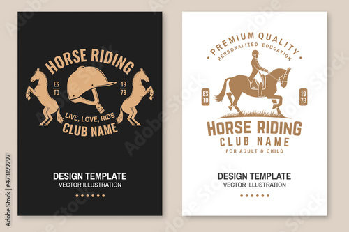 Set of Horse riding sport club flyer, brochure, banner, poster. Vector illustration. Vintage monochrome equestrian label with rider, horseshoe, helmet and horse silhouettes. Horseback riding sport.