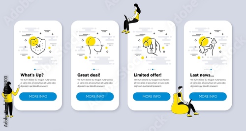 Set of Medical icons, such as 24 hours, Face scanning, Vaccine announcement icons. UI phone app screens with people. Medical mask line symbols. Protection, Faces detection, Vaccination bell. Vector