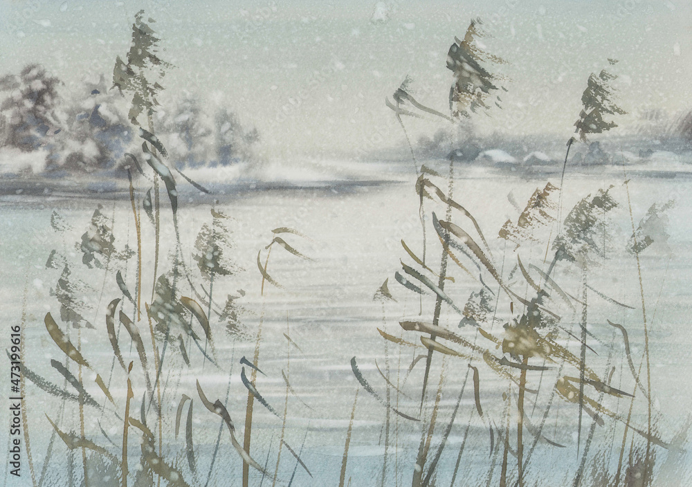 The first snow by the lake watercolor background The first snow by the lake watercolor background