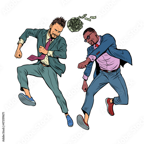 Businessmen play with money like a ball, sports football rivalry, fight for victory