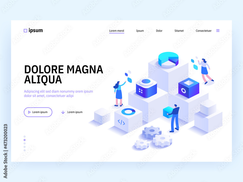 Landing page template with cryptocurrency miners chain of cubic blocks. Software and hardware solutions for Bitcoin mining. Modern isometric vector illustration for website.